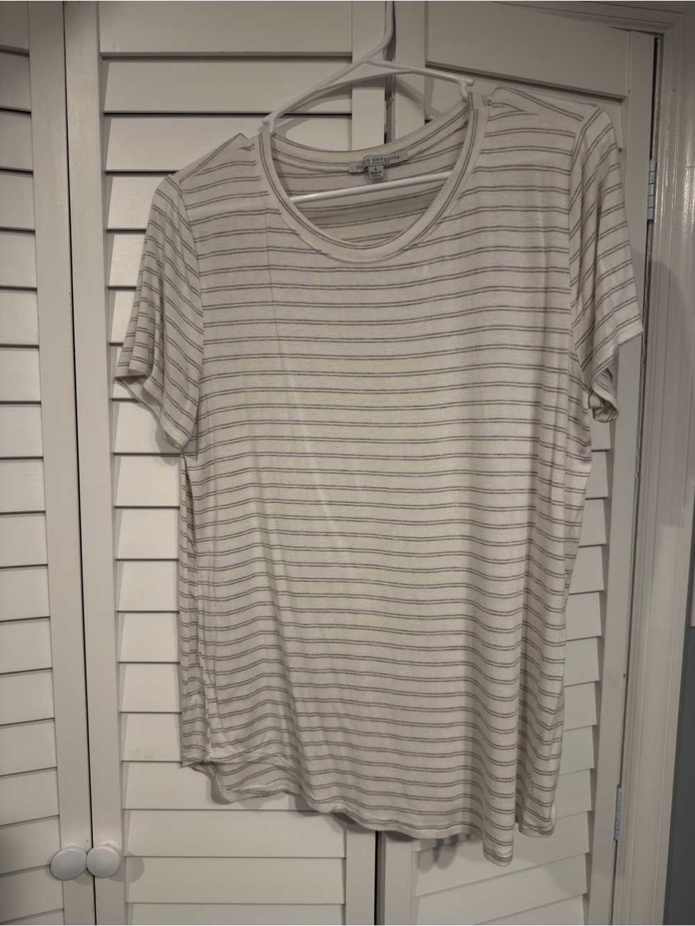 Green Envelope Cream Tee with Thin Gray Stripes